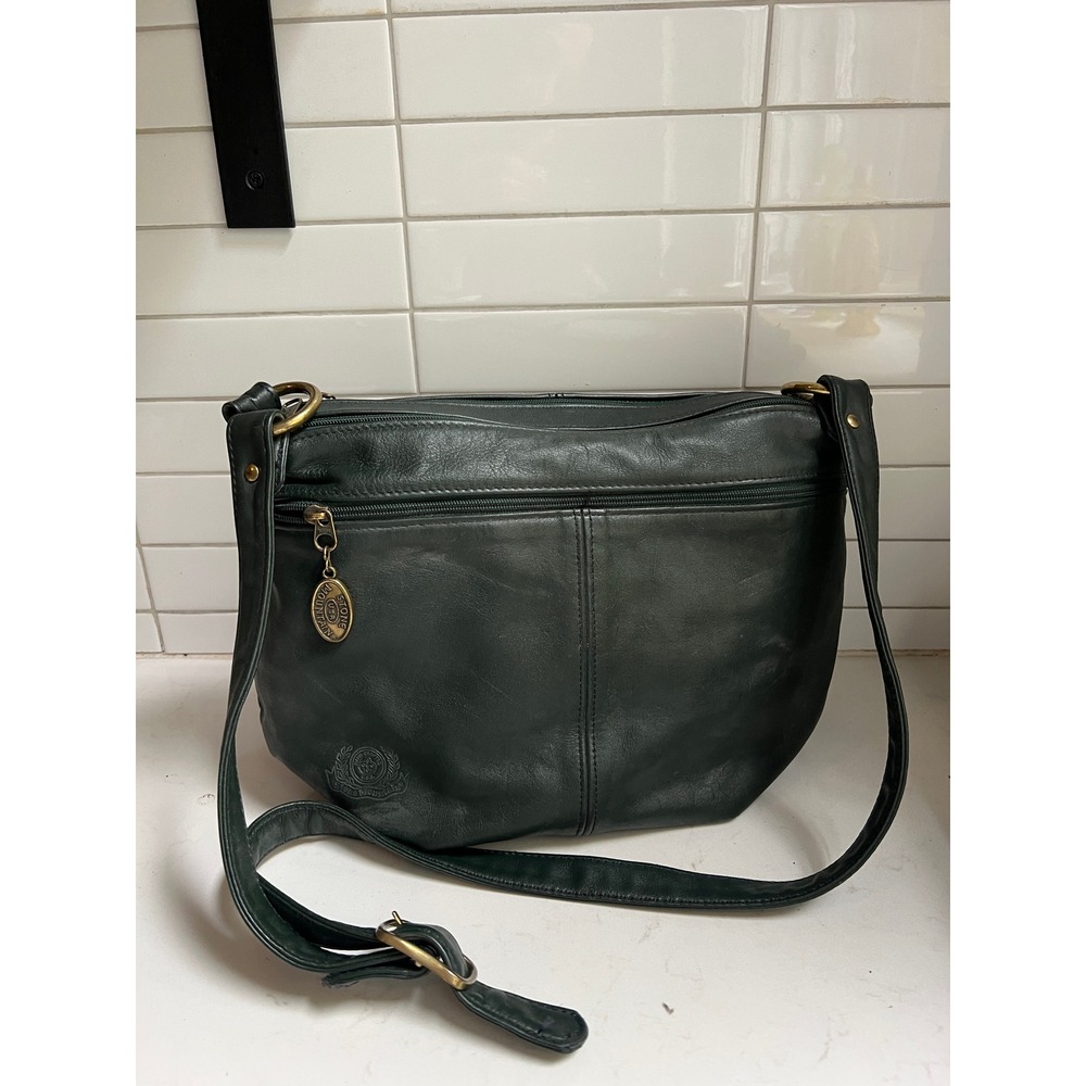 Stone Mountain Forest Green Leather Crossbody Bag Brass Hardware Multi-Pocket